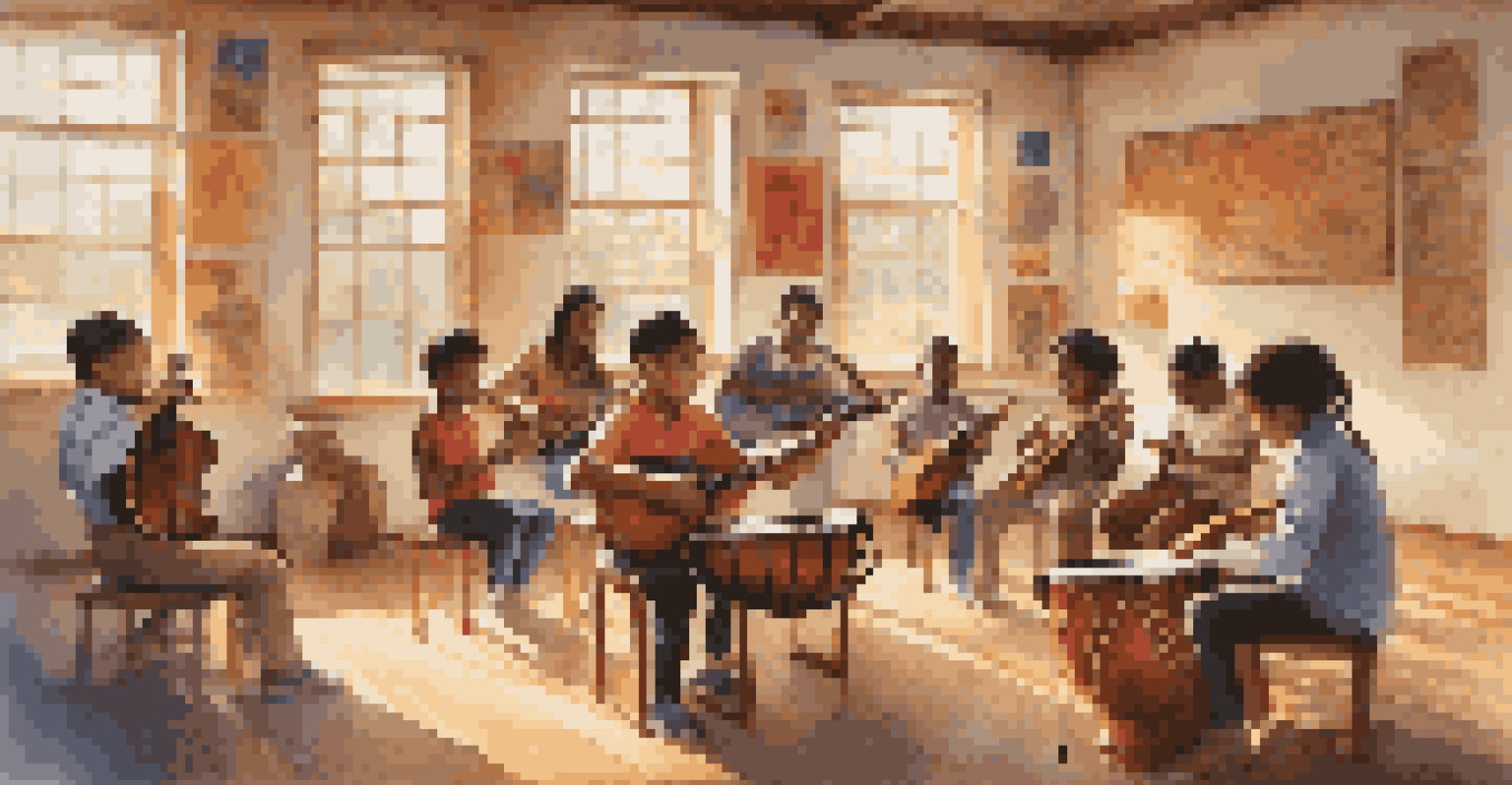 A classroom with students from diverse backgrounds learning to play different cultural instruments, surrounded by colorful educational materials and warm sunlight.