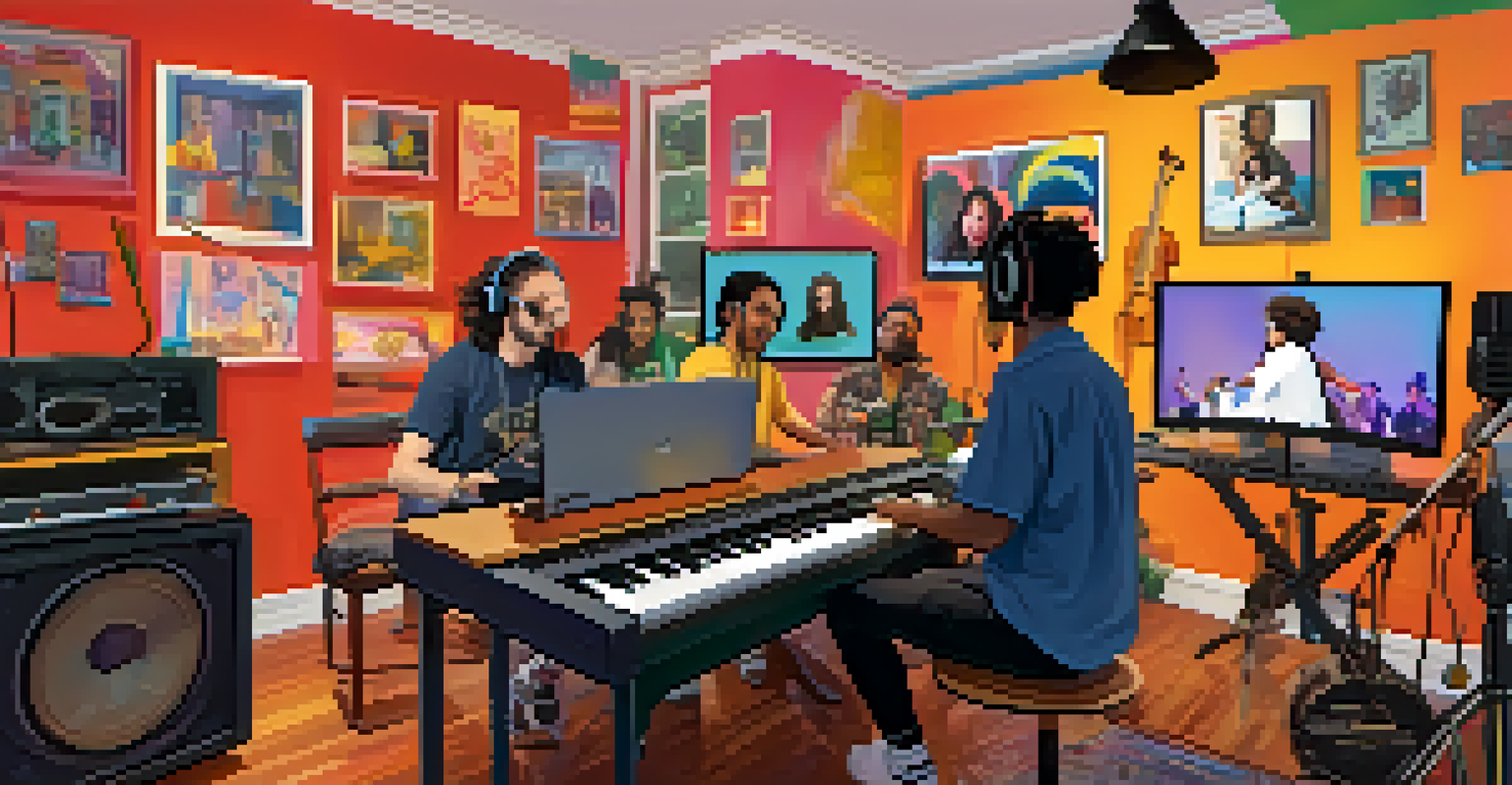A vibrant online collaboration scene with musicians in their home studios on a video call.