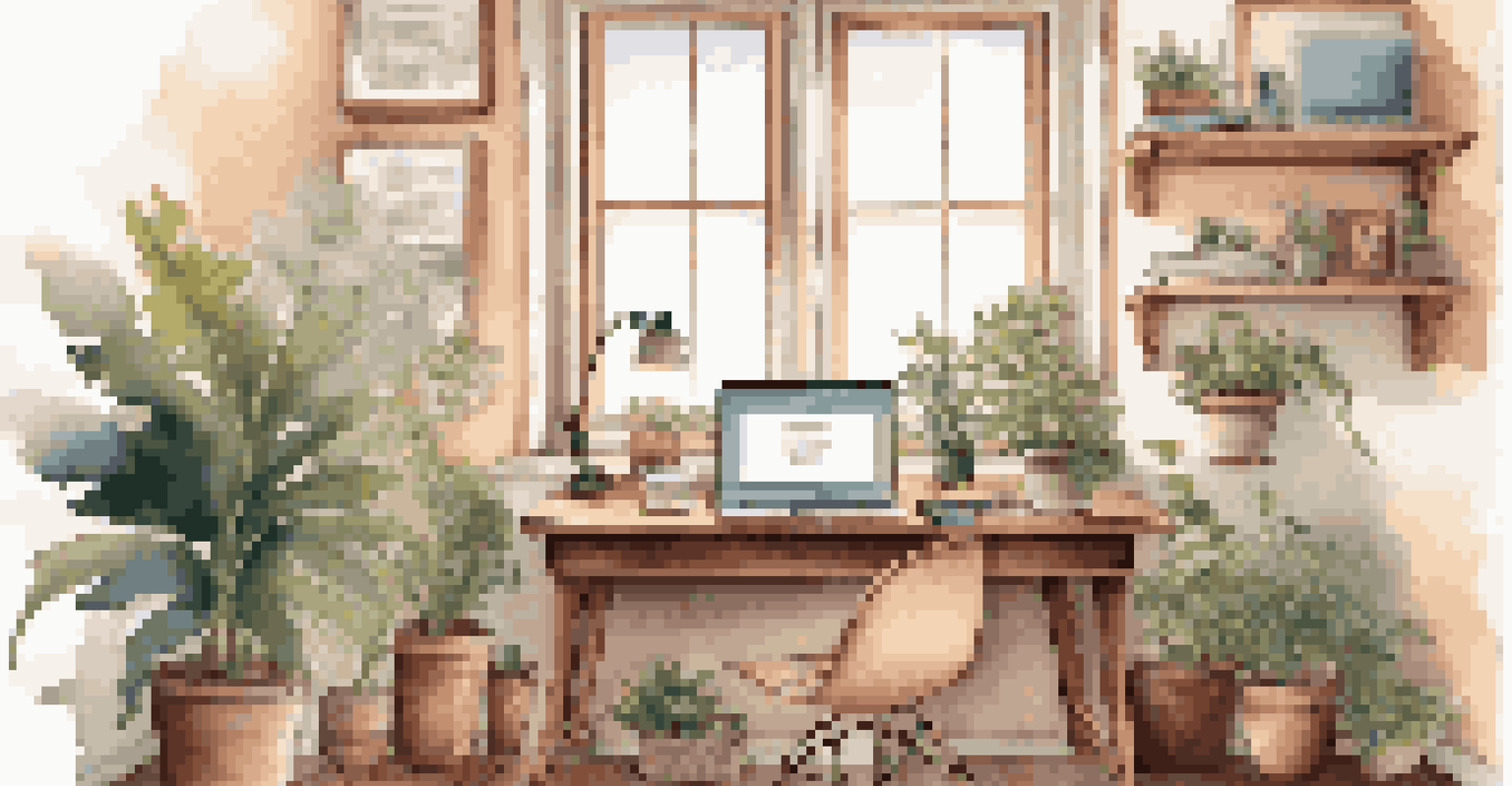 A cozy workspace with a laptop, notebook, and tea, surrounded by plants and warm lighting.