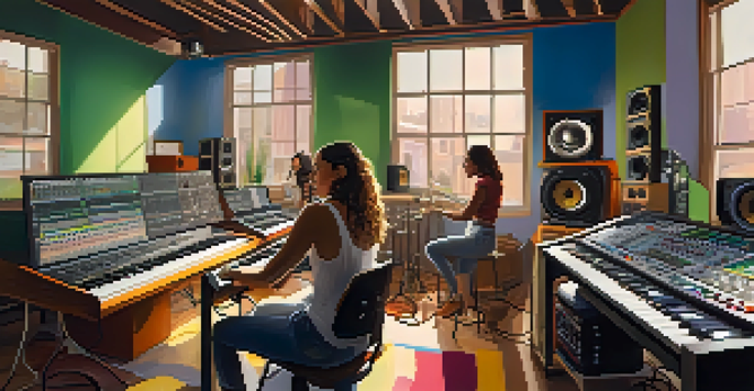 A lively music studio with women collaborating on music production, surrounded by instruments and sound equipment, with sunlight streaming through the windows.
