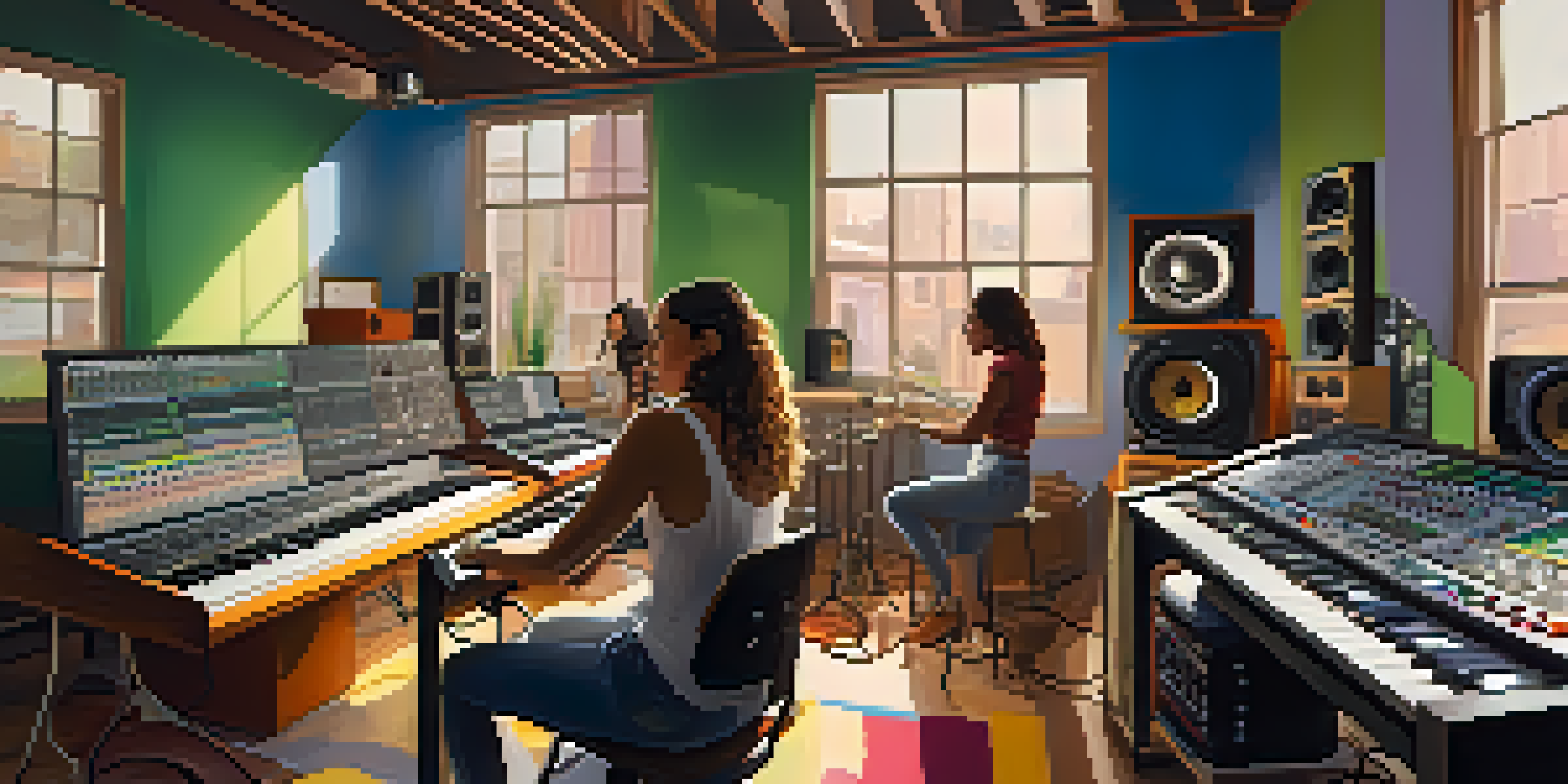 A lively music studio with women collaborating on music production, surrounded by instruments and sound equipment, with sunlight streaming through the windows.