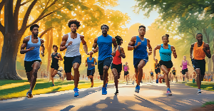 A diverse group of athletes training outdoors in a park during sunset, wearing headphones and immersed in their workout.
