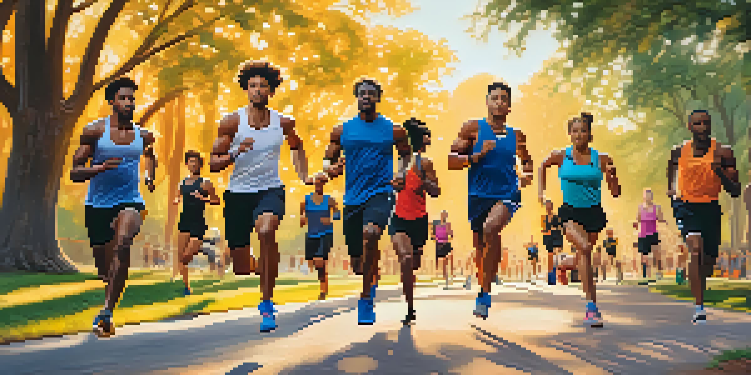A diverse group of athletes training outdoors in a park during sunset, wearing headphones and immersed in their workout.