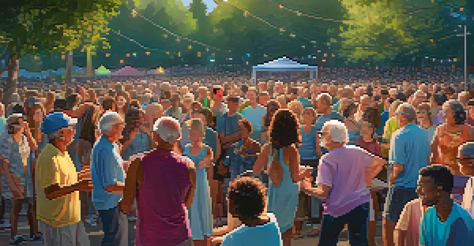 A lively outdoor concert with older adults enjoying music and a grandparent sharing headphones with a grandchild.