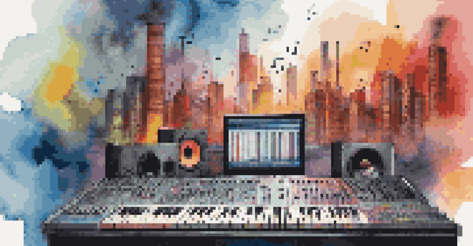 An abstract representation of music production with sound waves and mixing console sliders.