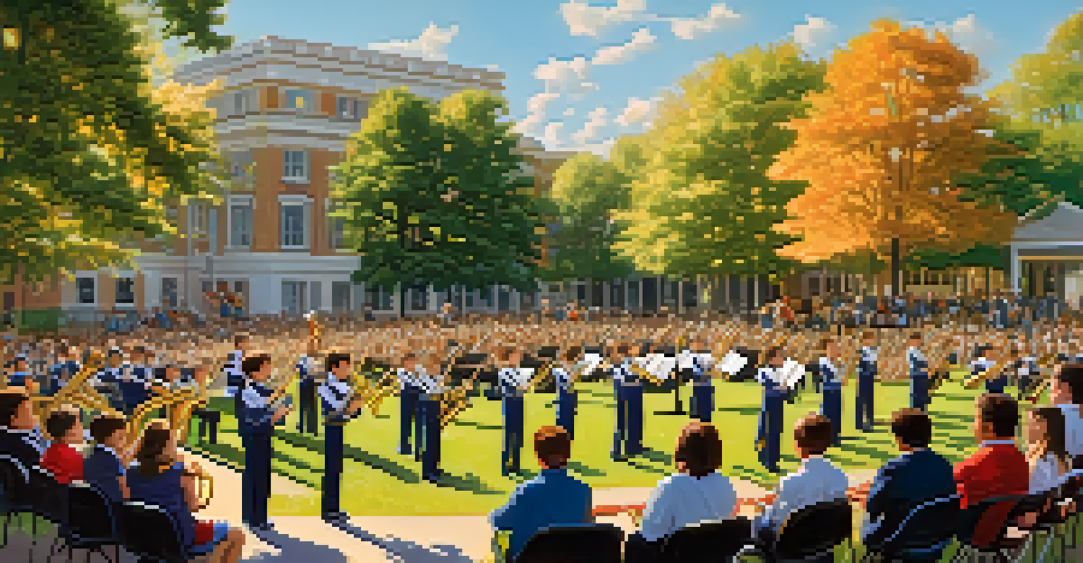 A school band performing outdoors in a park, with students in uniforms playing various instruments for an audience.