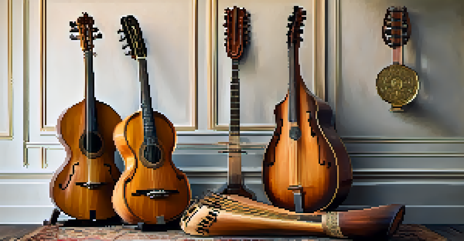 A close-up of traditional Greek instruments such as bouzouki, laouto, and baglama, showcasing their craftsmanship in soft natural light.
