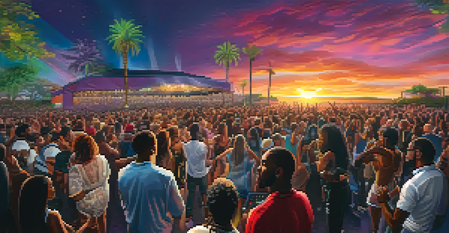 A concert scene with diverse musicians performing together on stage, illuminated by colorful lights and a sunset backdrop.