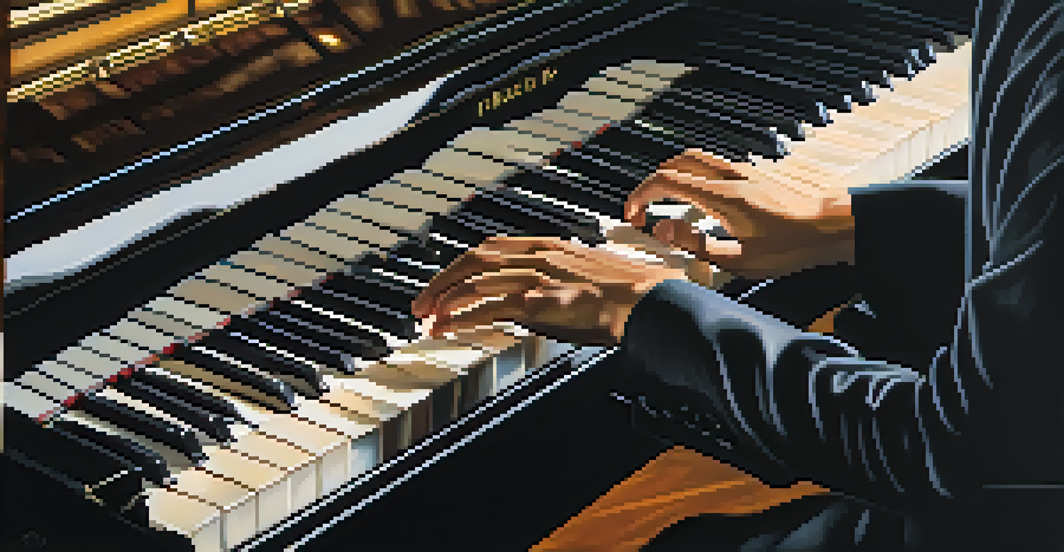 Close-up of a pianist's hands playing a grand piano, with black keys reflecting warm stage lights and a blurred background.