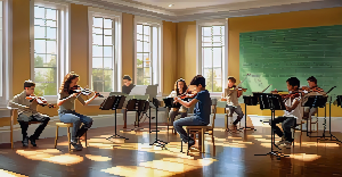 A music classroom with young musicians playing instruments, bright sunlight, and colorful music sheets on the walls.