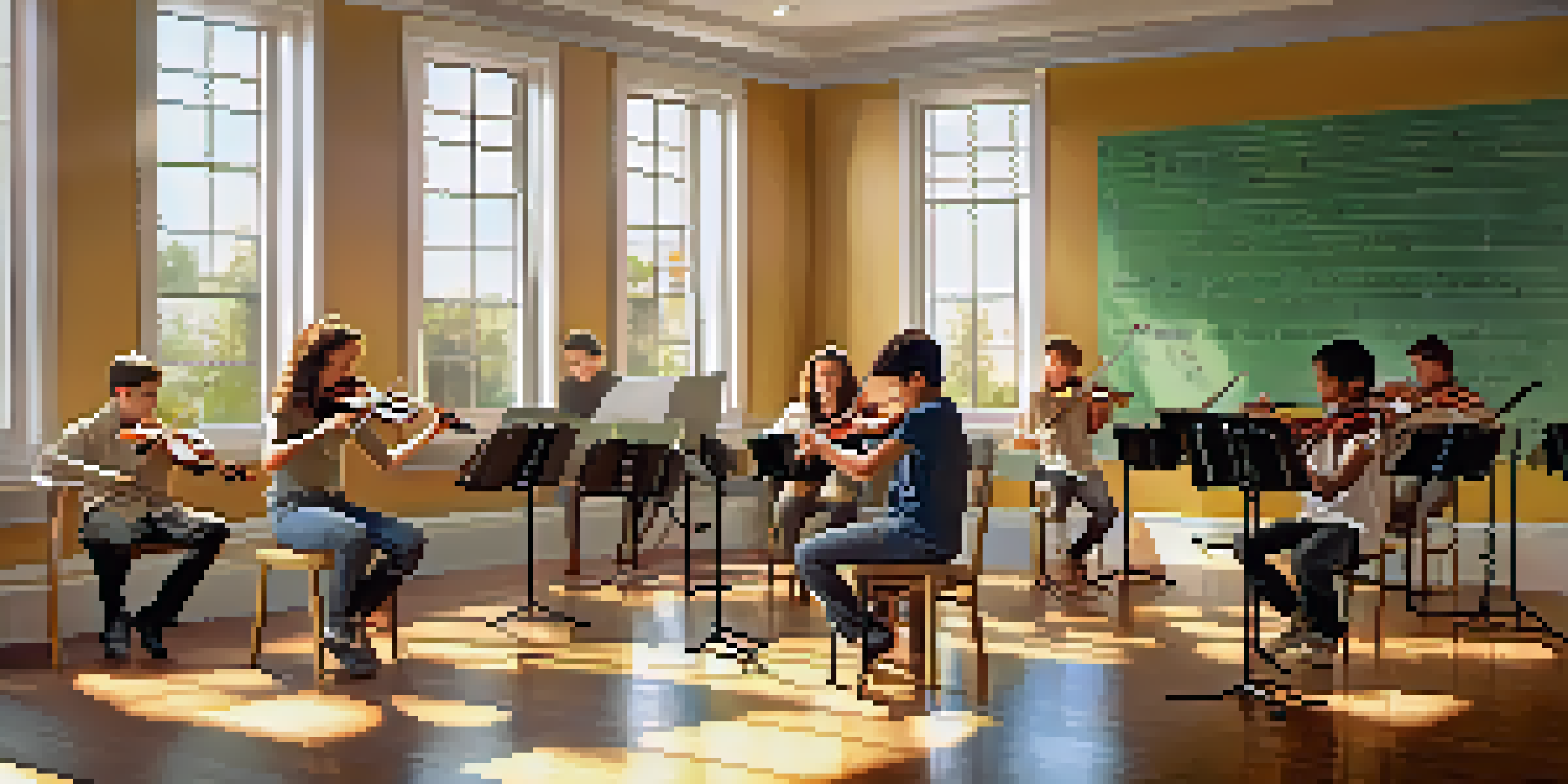A music classroom with young musicians playing instruments, bright sunlight, and colorful music sheets on the walls.