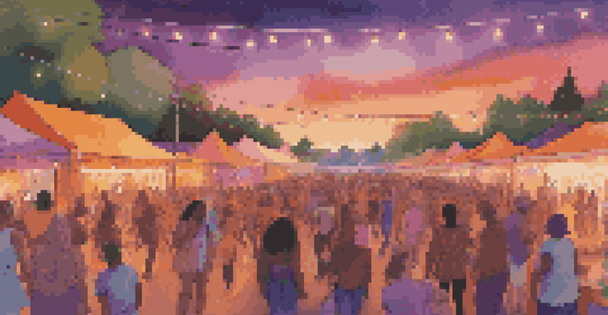A lively outdoor music festival at sunset with diverse crowds enjoying live performances and colorful decorations.