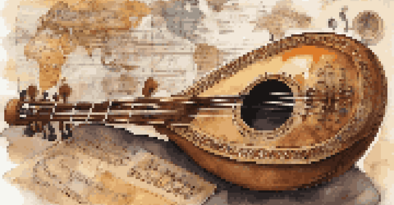 A beautifully decorated traditional musical instrument on a wooden table, surrounded by musical notes and world maps, illuminated by soft natural light.