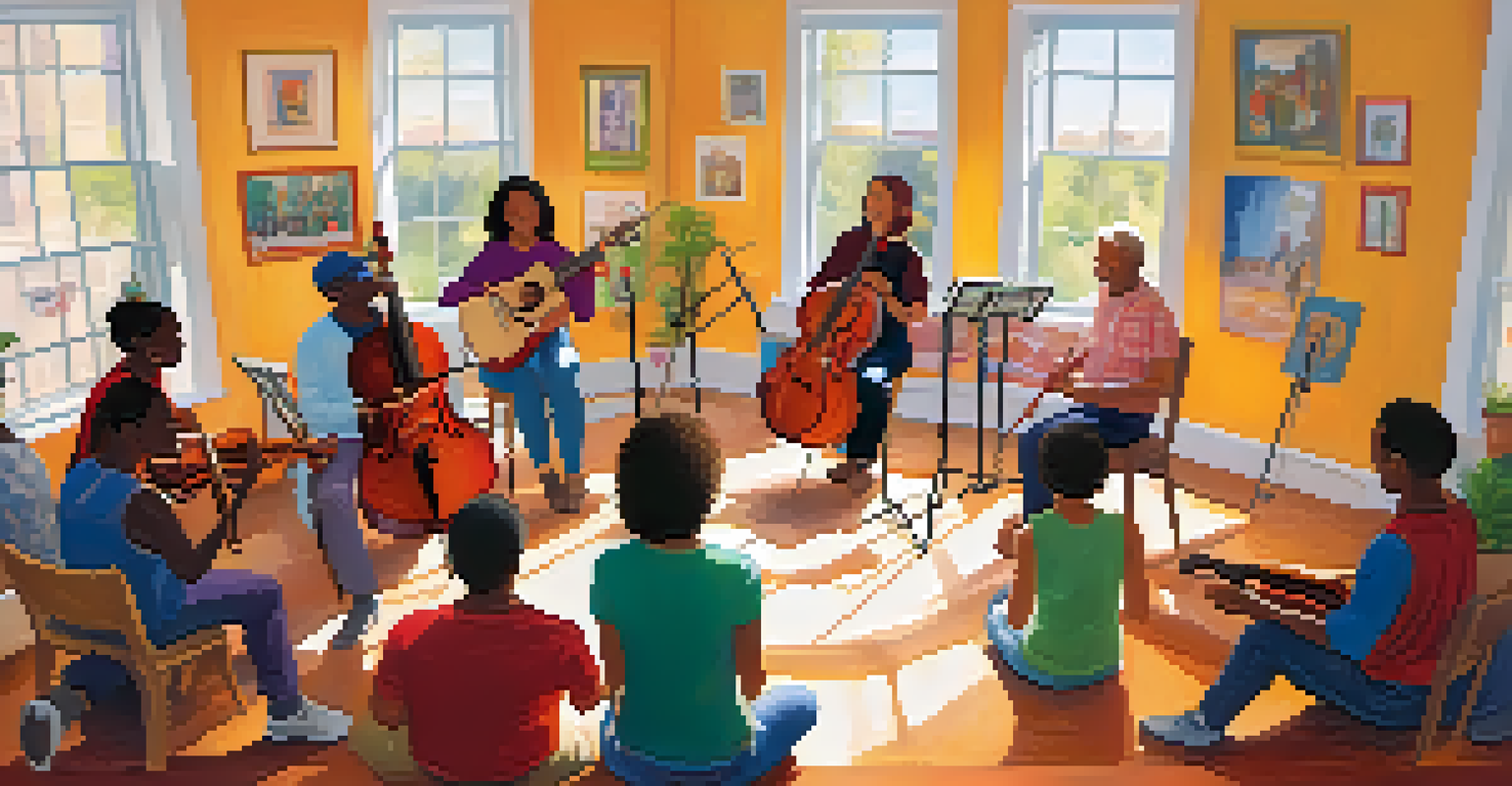 A diverse group of individuals participating in a joyful music therapy session, playing instruments and singing in a bright room.