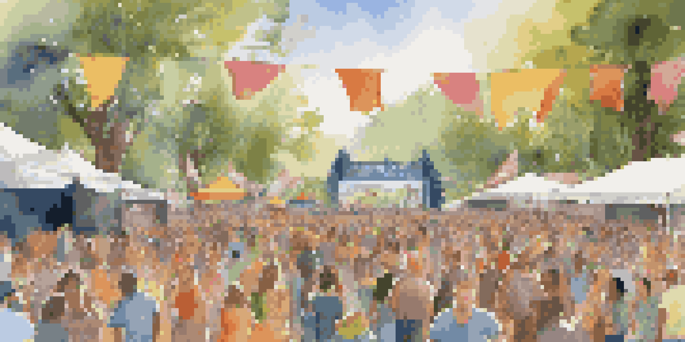 A lively outdoor music festival with diverse crowds and colorful banners promoting wildlife conservation.