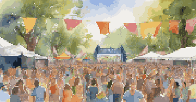 A lively outdoor music festival with diverse crowds and colorful banners promoting wildlife conservation.