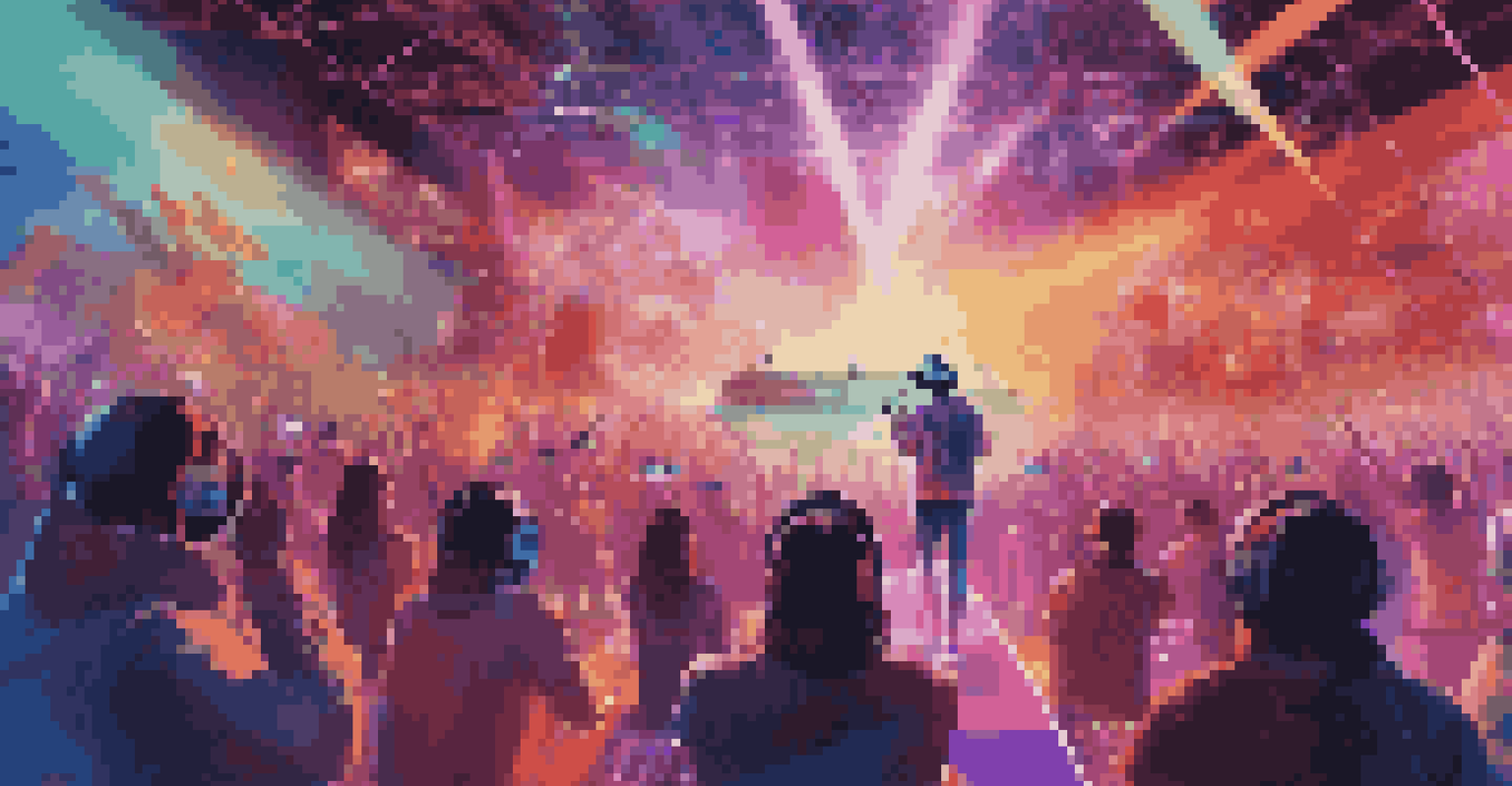 A lively virtual concert with an artist on stage, colorful lights, and fans wearing VR headsets.