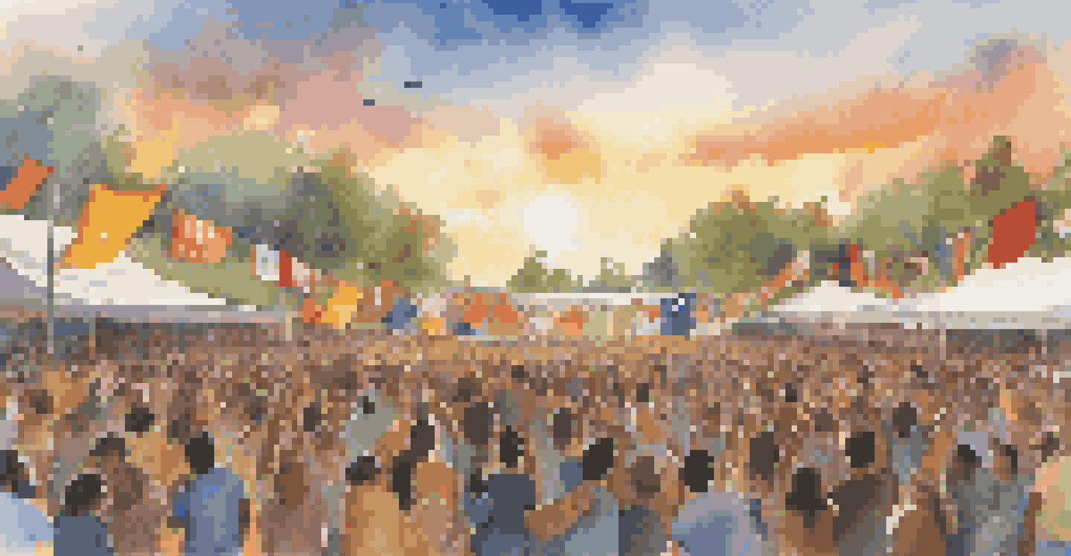 An outdoor music festival showcasing artists from diverse backgrounds performing on stage with a vibrant crowd.