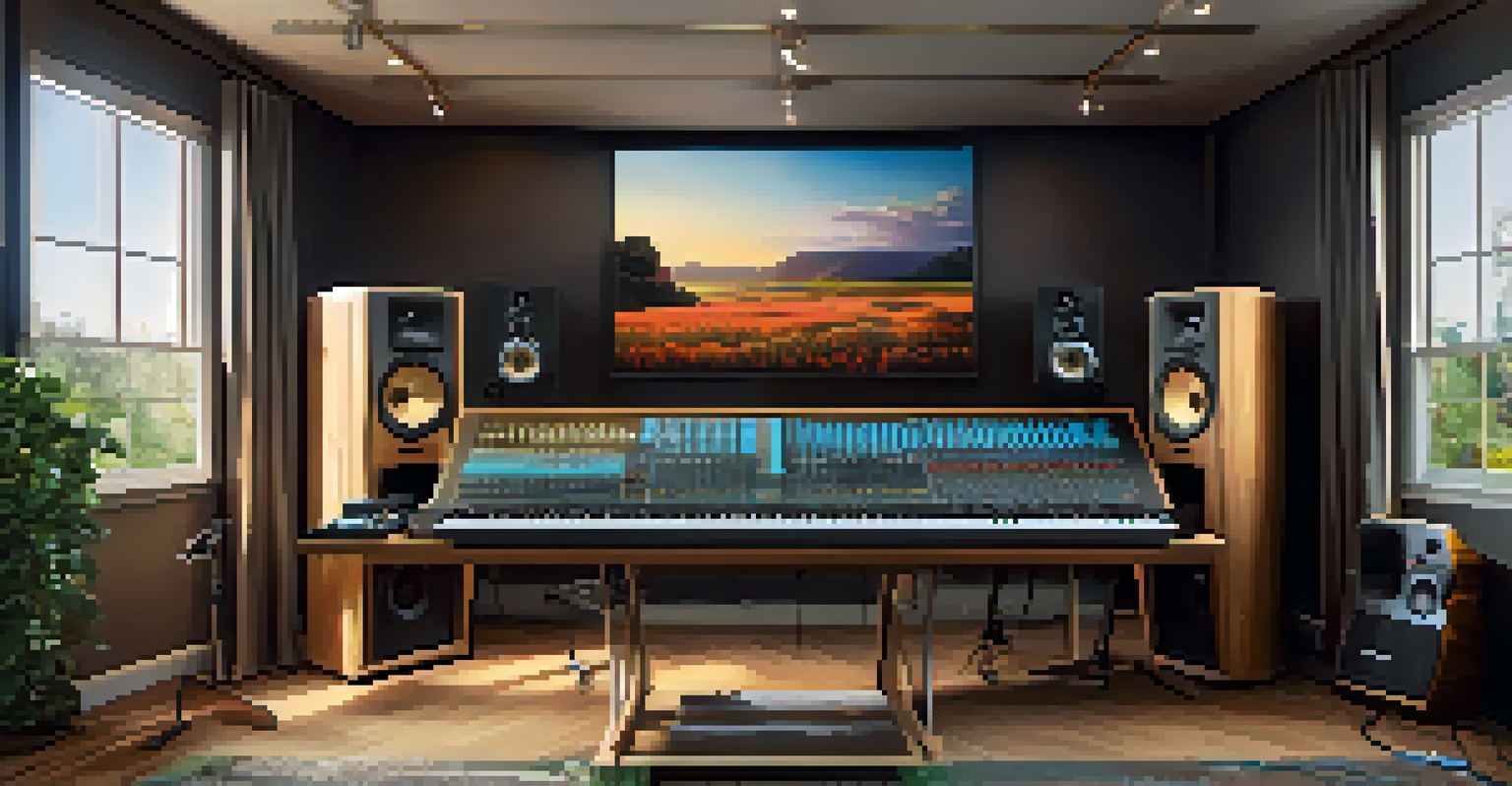 A modern music studio with a digital audio workstation on a screen, warm lighting, and musical instruments in the background.