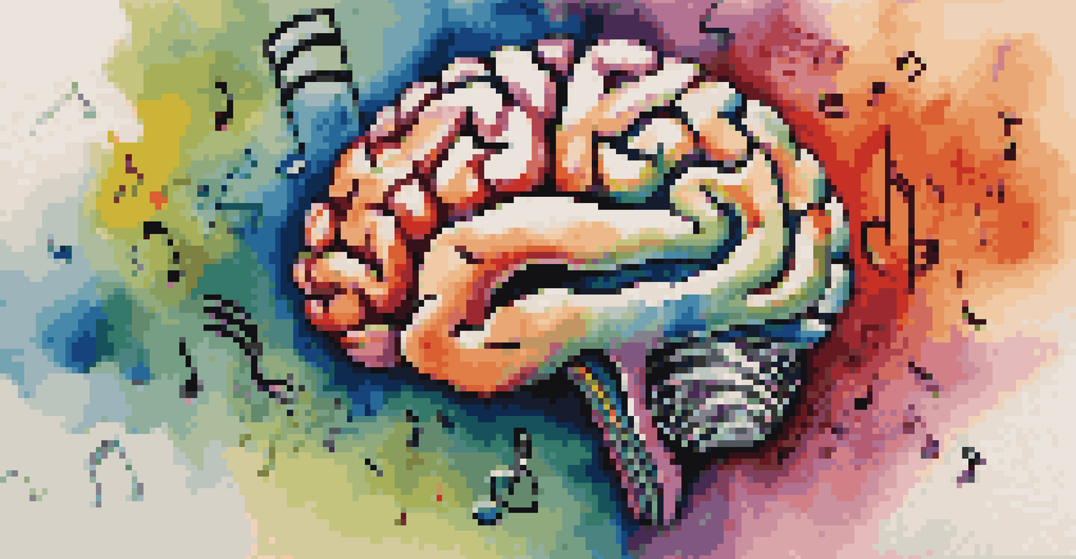 An abstract image showing a brain connected with musical notes and colorful swirls, highlighting the relationship between music and cognitive functions.
