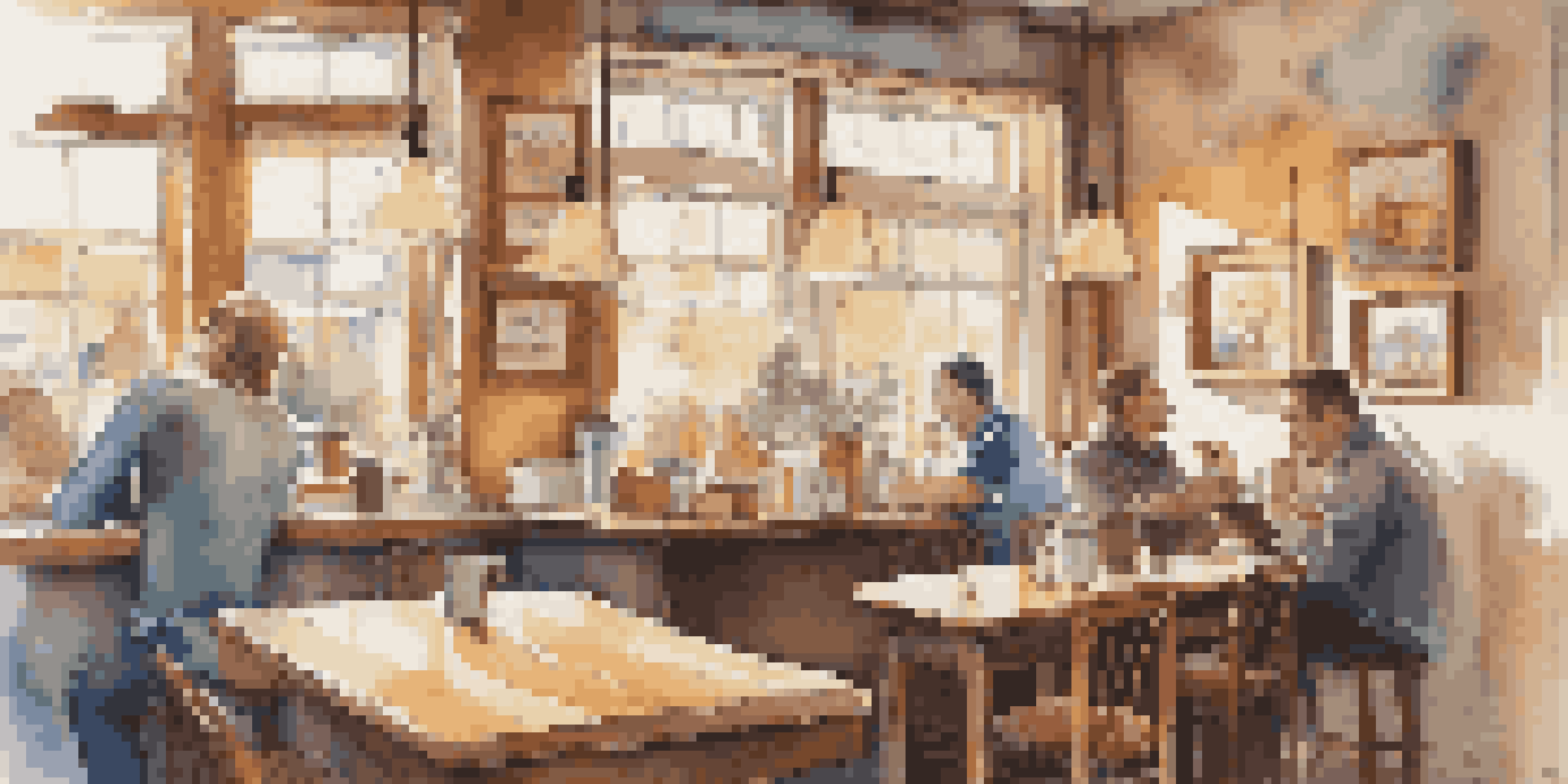 A coffee shop with a critic enjoying a humorous music review, surrounded by art and warm lighting.