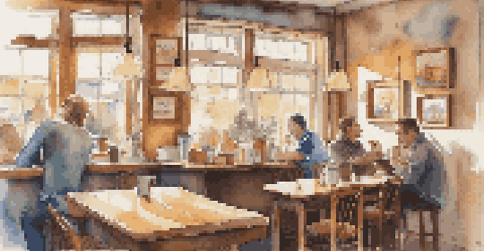 A coffee shop with a critic enjoying a humorous music review, surrounded by art and warm lighting.