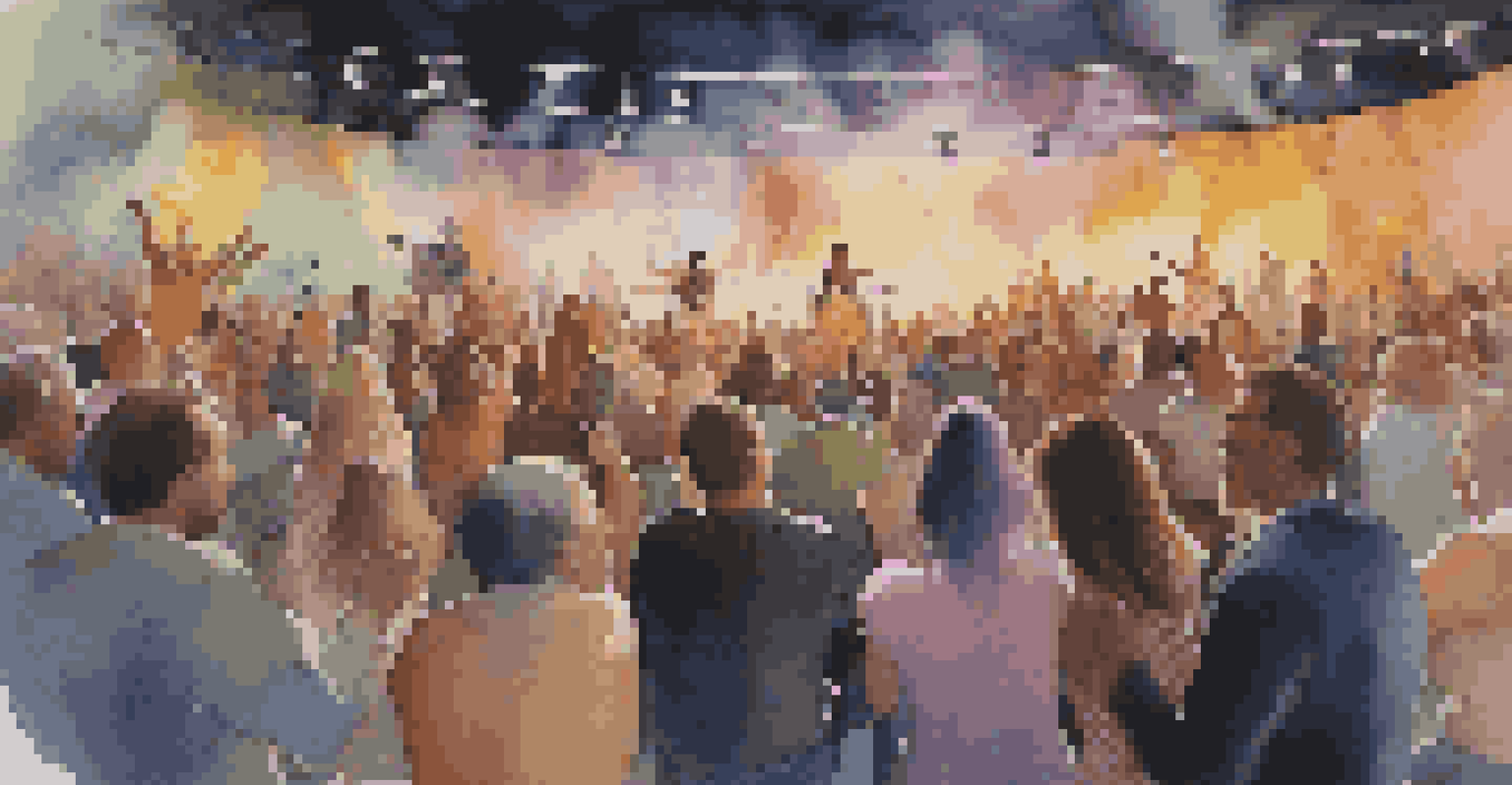 A lively audience at a concert, showing people enjoying the music with expressions of joy and connection, under colorful lights.