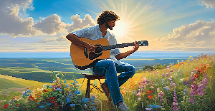 A musician playing guitar on a hilltop surrounded by wildflowers under a blue sky with soft clouds.