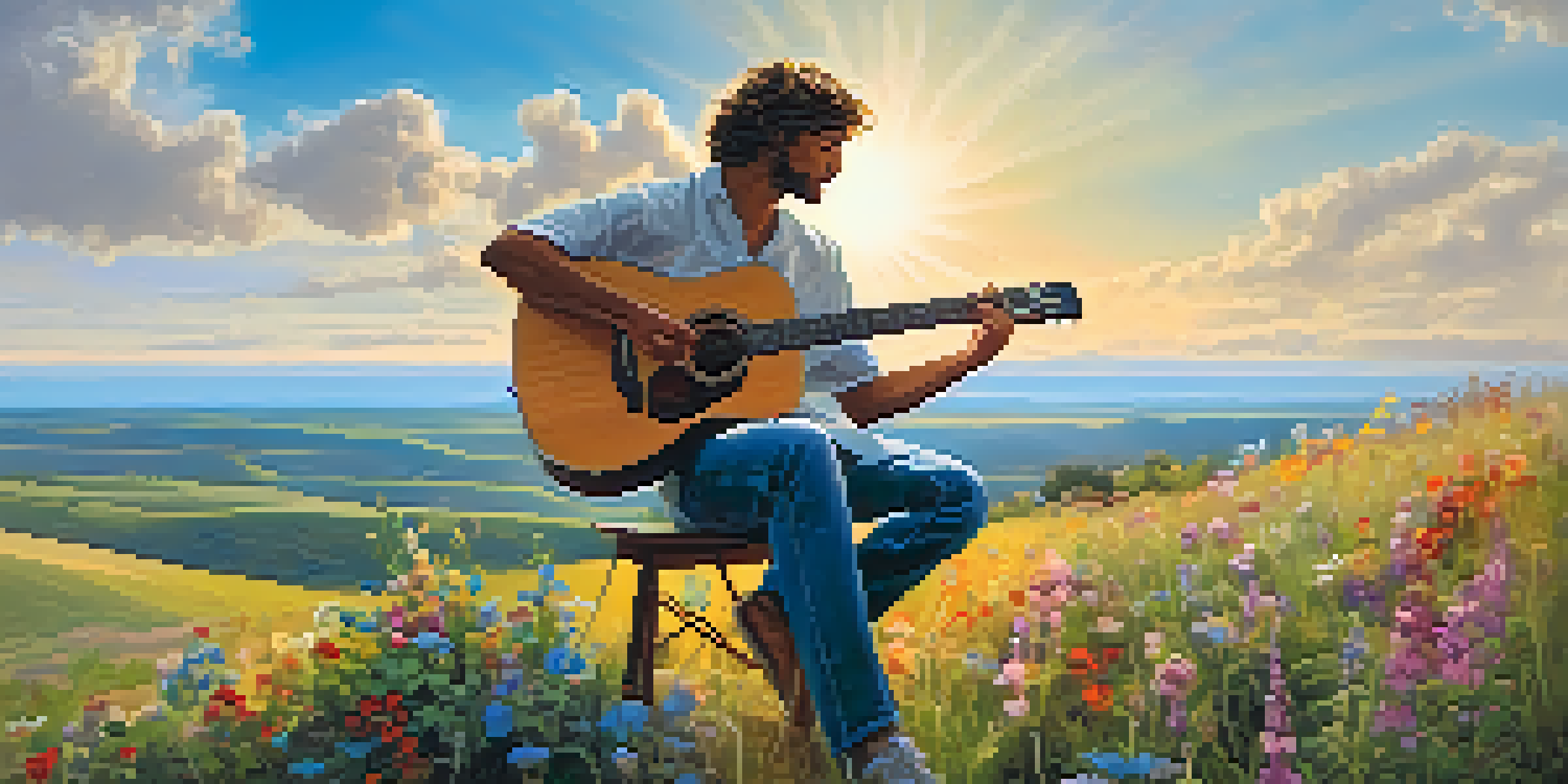A musician playing guitar on a hilltop surrounded by wildflowers under a blue sky with soft clouds.