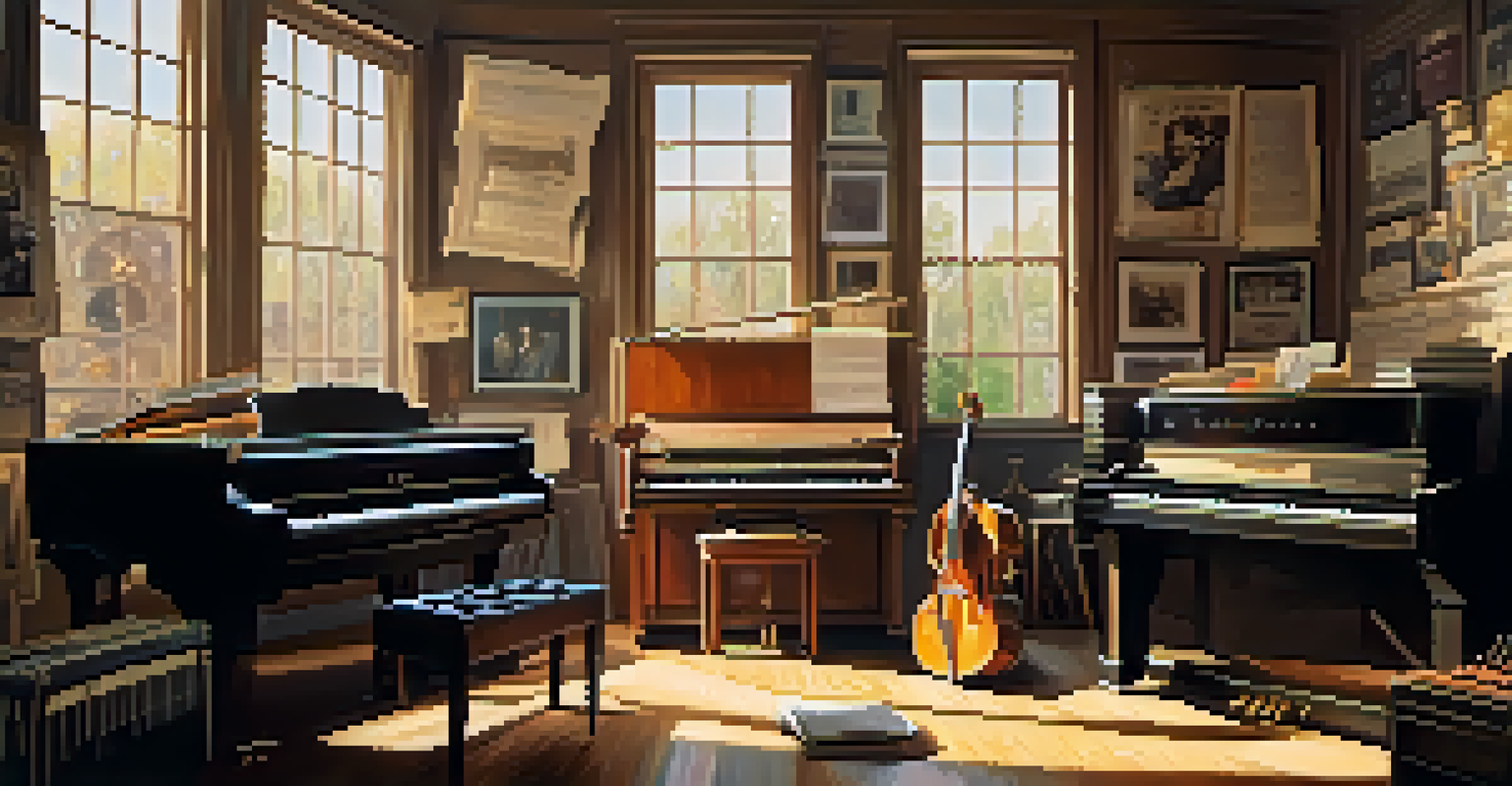 A vintage music studio with instruments and photographs, capturing a nostalgic and creative vibe.