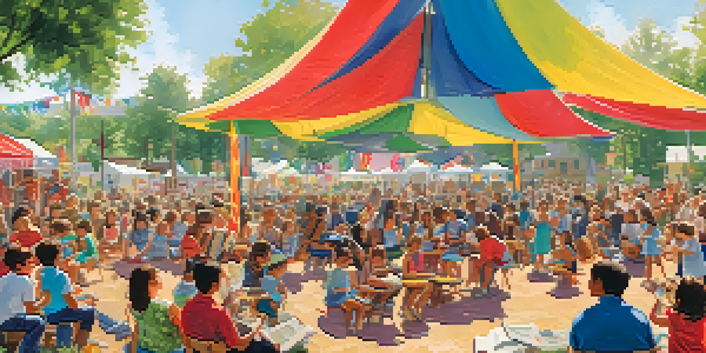 A lively outdoor event with musicians on stage and families enjoying music education activities, highlighting community support.