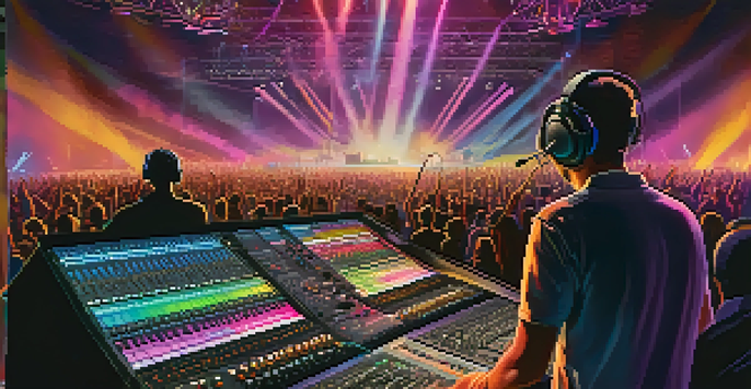 A live sound team with a sound engineer at a mixing board and musicians performing on stage, set in a colorful concert environment.