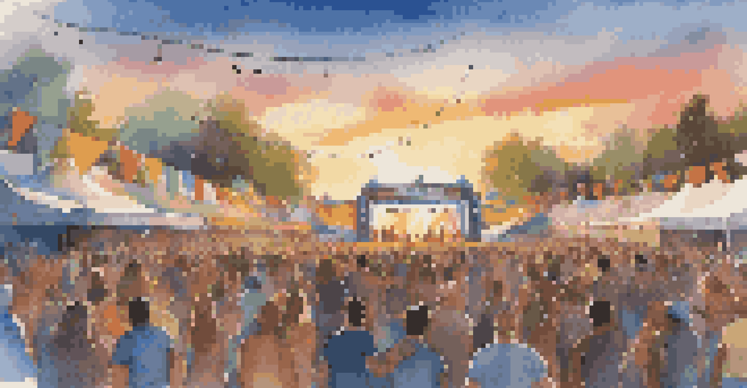 A lively outdoor music festival with a crowd enjoying live music, colorful decorations, and a sunset in the background.