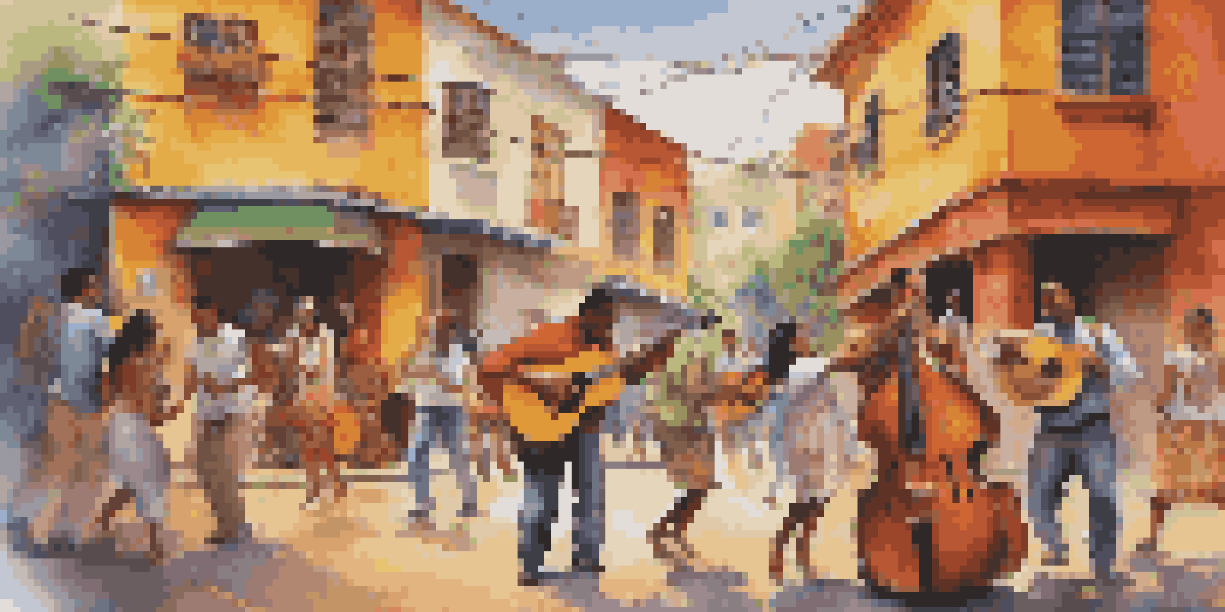 A colorful street scene with musicians playing traditional and electronic instruments, surrounded by dancing people and vibrant murals.