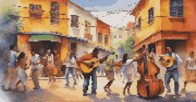 A colorful street scene with musicians playing traditional and electronic instruments, surrounded by dancing people and vibrant murals.