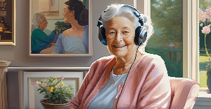 An elderly woman enjoying music in a cozy room filled with family photos and soft lighting.