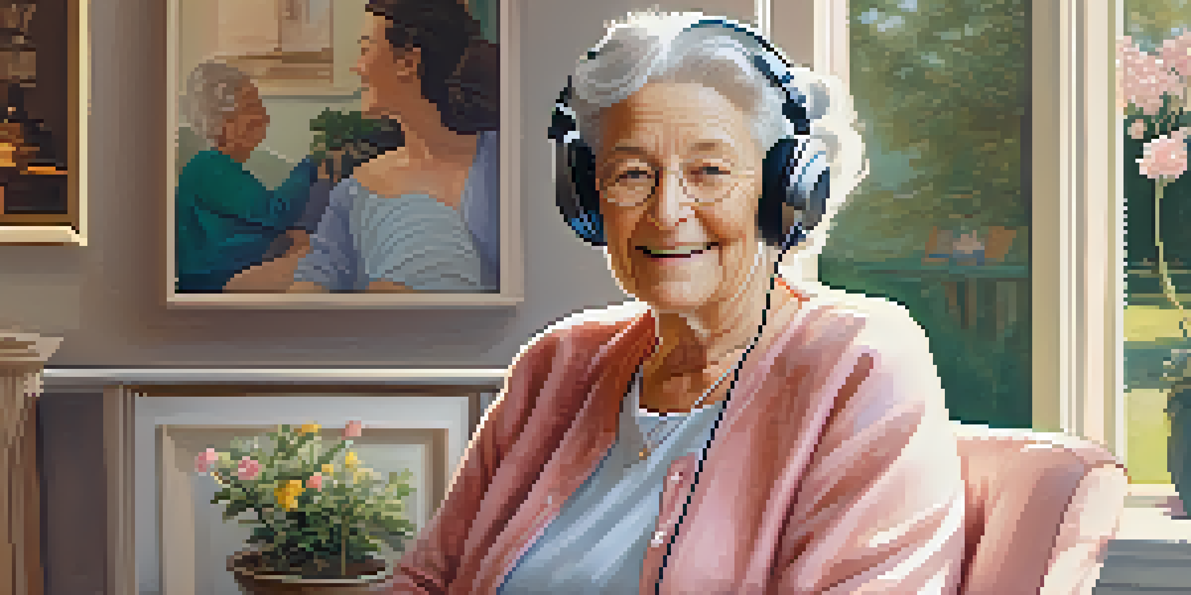 An elderly woman enjoying music in a cozy room filled with family photos and soft lighting.