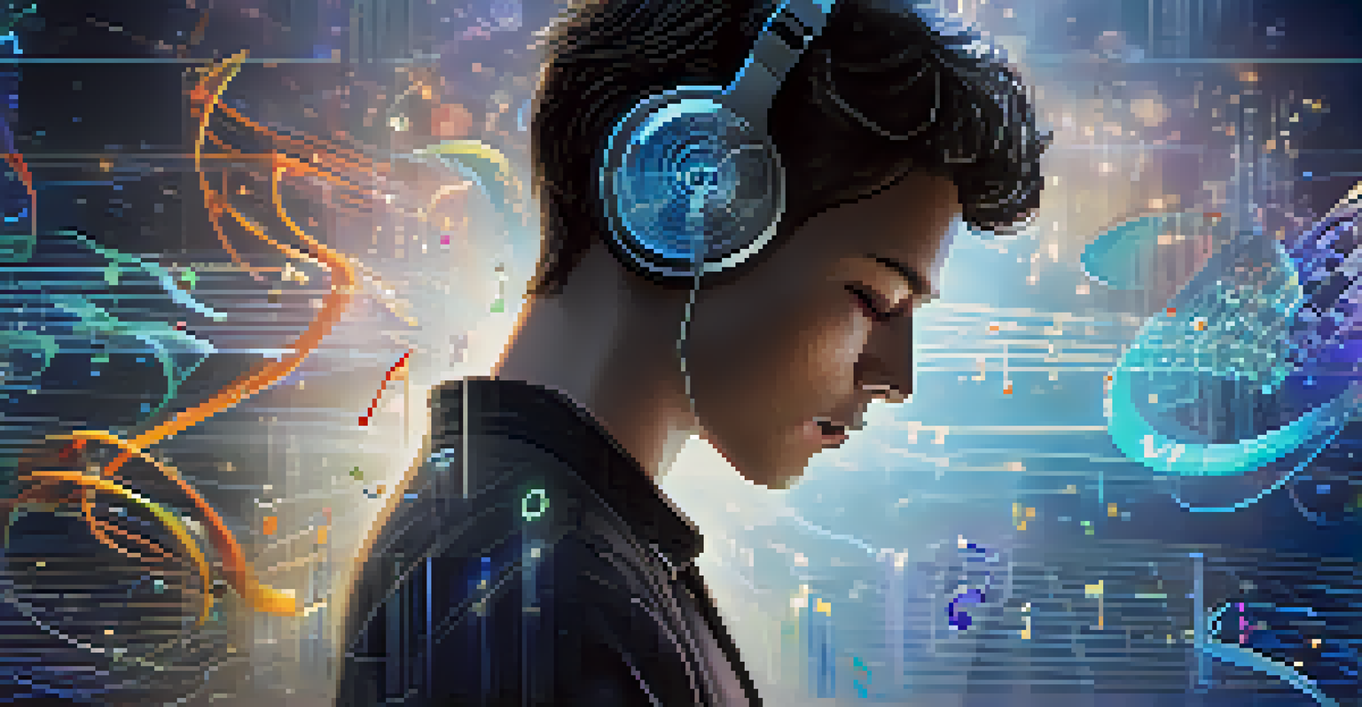 A composer using artificial intelligence tools in a futuristic digital interface with holographic music notes and sound waves.