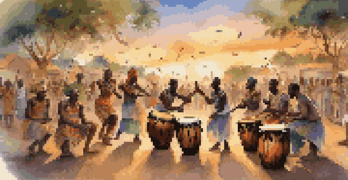 A lively outdoor drumming circle featuring musicians from various backgrounds playing drums, with a sunset in the background.