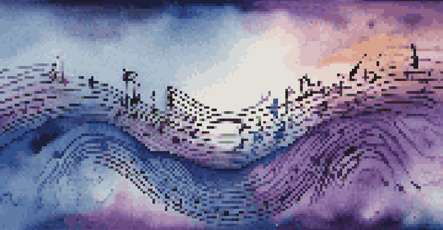 An abstract representation of colorful sound waves merging together against a deep blue and purple background, symbolizing musical collaboration.