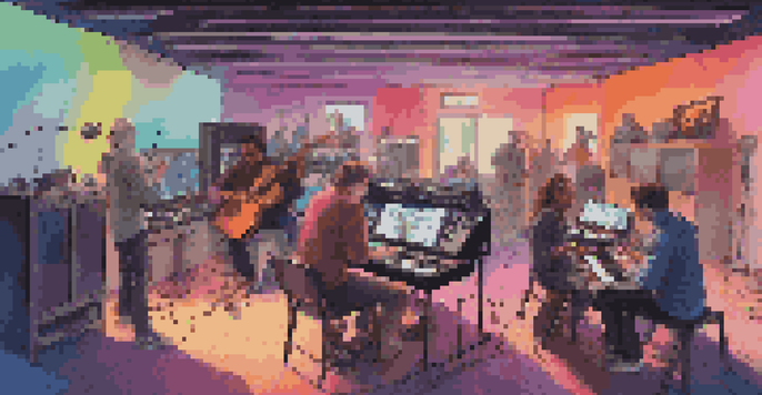 A group of diverse musicians collaborating in a modern studio, surrounded by electronic devices and colorful lights while remixing music.