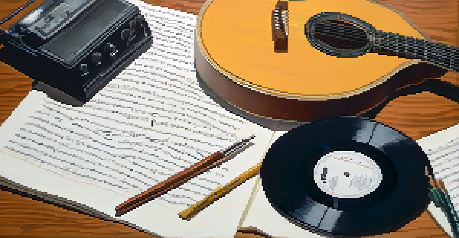 A hand writing lyrics in a notebook, with a guitar and personal items in a cozy room, symbolizing self-expression through music.