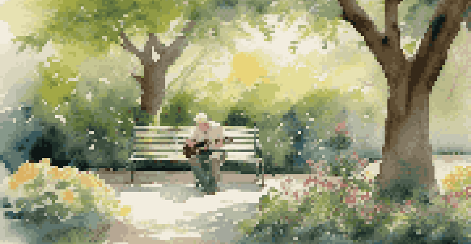 An elderly man playing guitar in a beautiful garden with a caregiver listening beside him.
