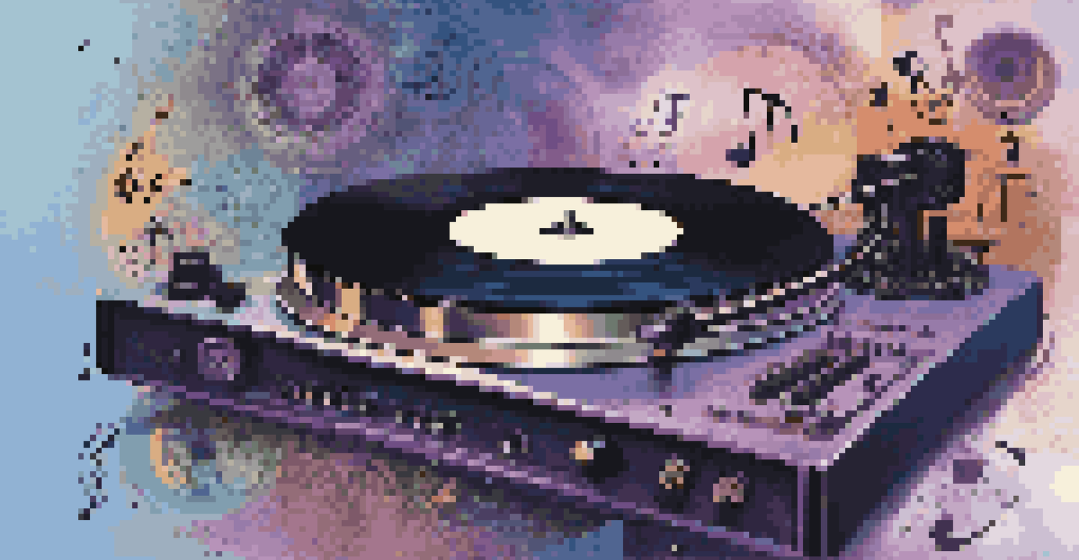 A vinyl record on a turntable, surrounded by musical notes and cultural symbols, against a gradient background.