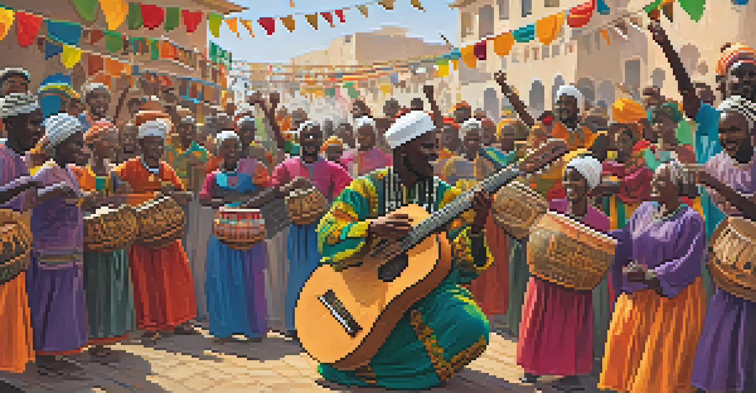 A Kora player performing at a cultural festival, engaging a diverse audience with traditional attire and colorful decorations around.