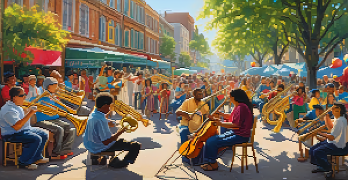 A lively street performance with musicians with disabilities, surrounded by an engaged audience enjoying the music, under a warm, sunny backdrop.