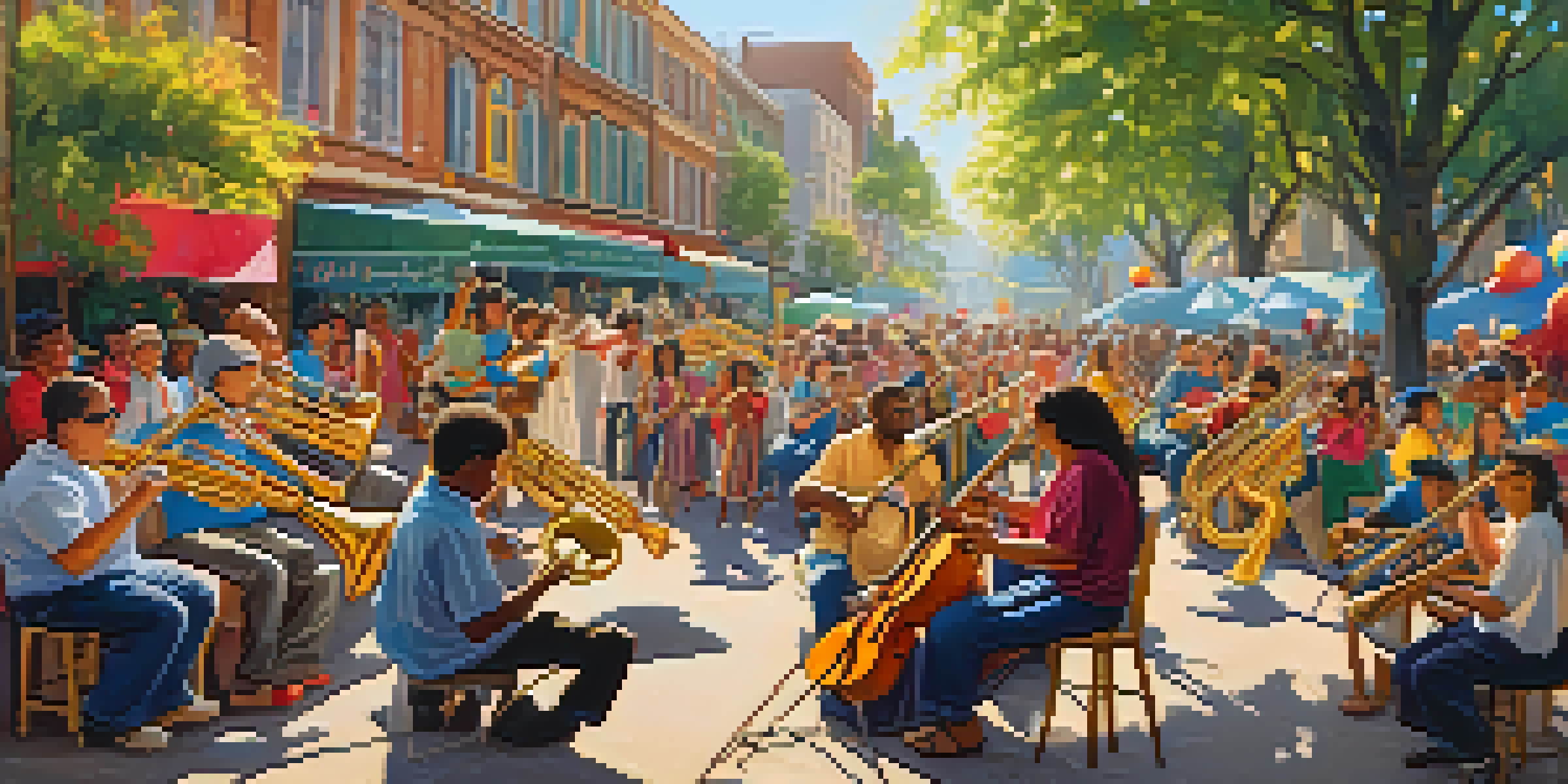 A lively street performance with musicians with disabilities, surrounded by an engaged audience enjoying the music, under a warm, sunny backdrop.