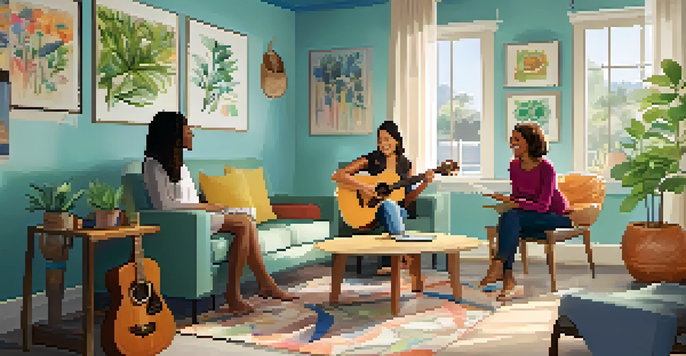 A bright and inviting rehabilitation room where a patient plays guitar during a music therapy session with a therapist, surrounded by plants and colorful artwork.
