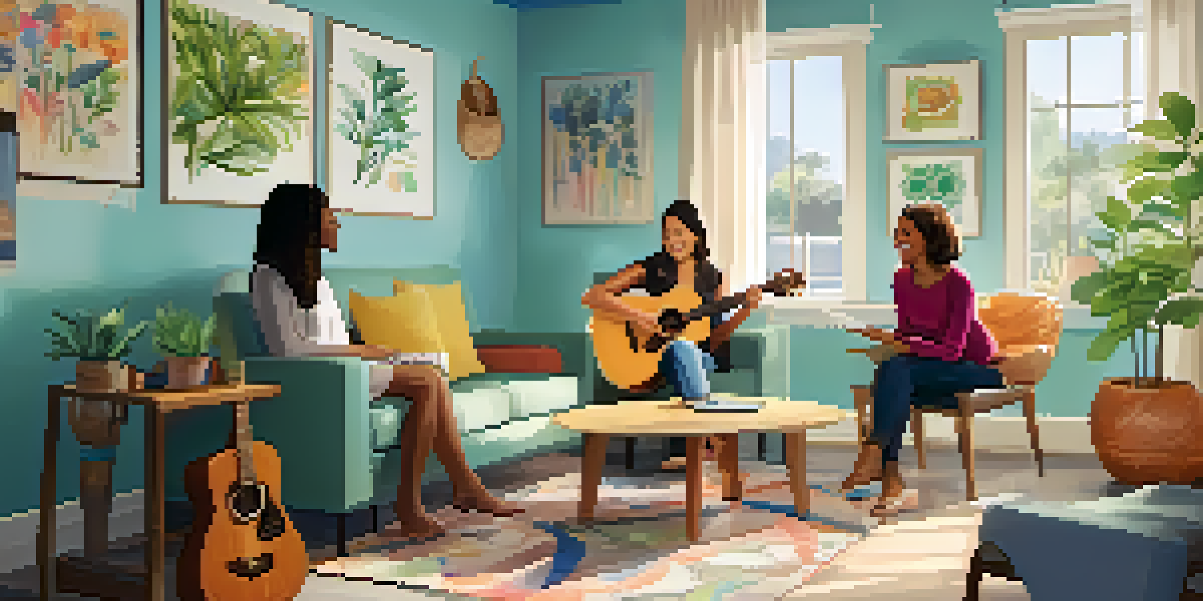 A bright and inviting rehabilitation room where a patient plays guitar during a music therapy session with a therapist, surrounded by plants and colorful artwork.