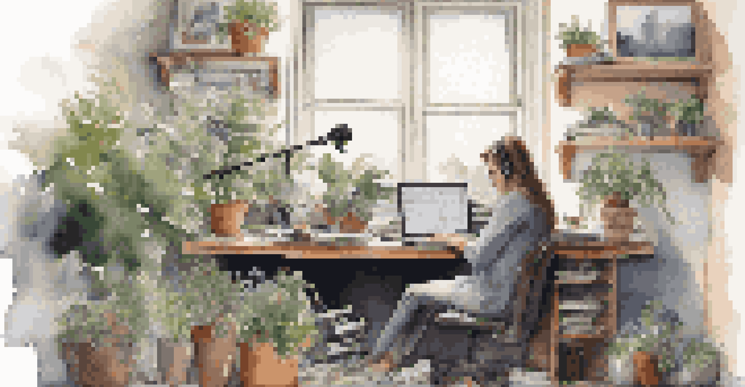 An artist at a desk with a laptop, microphone, and scattered musical notes, illuminated by natural light.